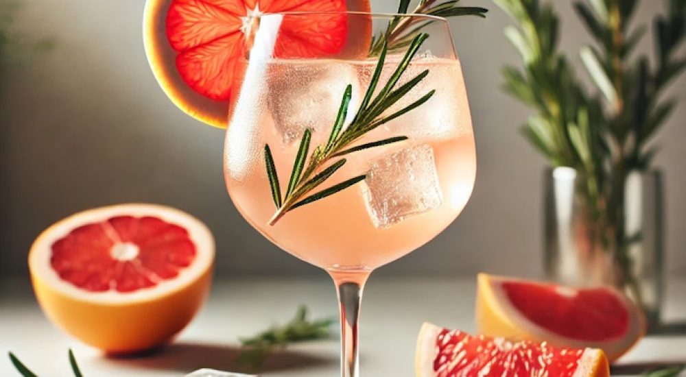 DALL·E 2025-01-16 11.09.36 - A grapefruit spritz cocktail served in a wine glass with ice, garnished with a slice of fresh grapefruit and a sprig of rosemary. The drink has a ligh