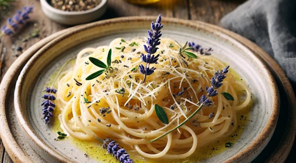 DALL·E 2025-01-21 09.16.05 - A beautifully plated pasta dish with a creamy sauce, topped with grated Parmesan cheese and garnished with fresh or dried lavender leaves. The dish is