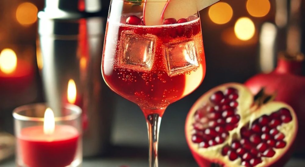 DALL·E 2025-01-29 13.18.20 - A romantic cocktail served in a champagne flute, featuring a rich, vibrant red color. The drink is garnished with a slice of apple and a few pomegrana