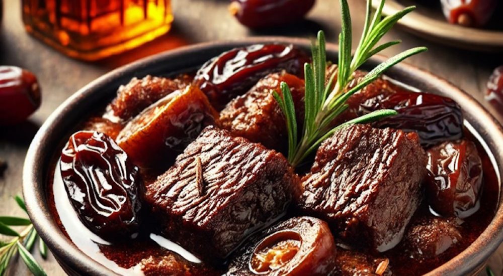 DALL·E 2025-01-29 13.28.17 - A rustic beef stew slow-cooked with brandy and dates, served in a deep bowl. The dish has a rich, dark sauce and is garnished with fresh rosemary and
