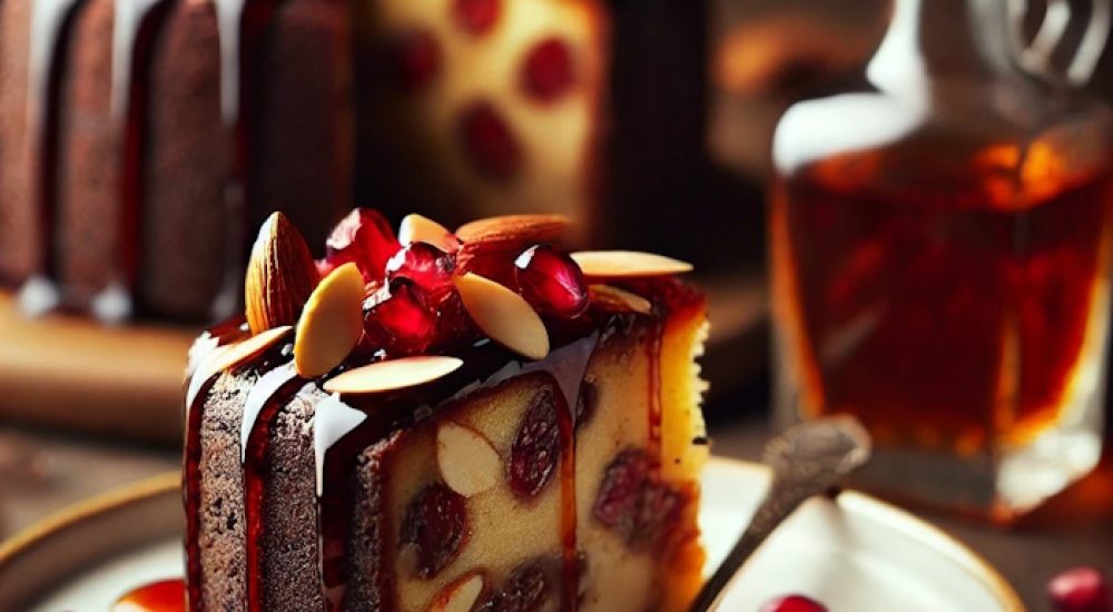 DALL·E 2025-01-30 08.23.15 - A romantic dessert plate featuring a single slice of date and pomegranate cake drizzled with fruit liqueur syrup. The slice is garnished with sliced a
