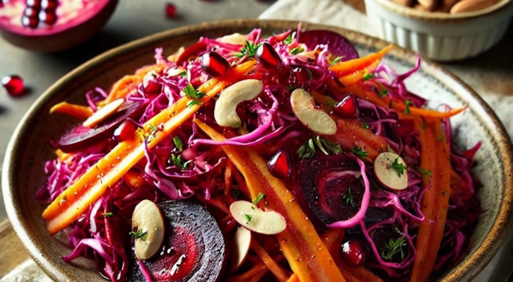 DALL·E 2025-01-30 11.18.02 - A vibrant root vegetable salad featuring shredded beets, carrots, and finely chopped purple cabbage, topped with toasted almonds and drizzled with a d