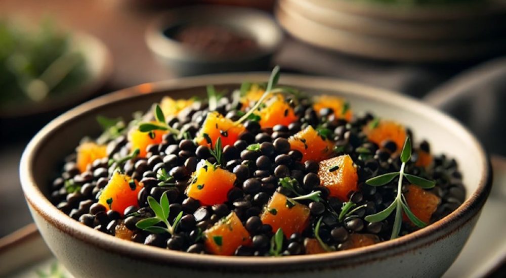 DALL·E 2025-02-02 15.18.51 - A deep white ceramic bowl filled with a black lentil salad featuring neatly diced orange pieces. The salad is garnished with fresh herbs and lightly d