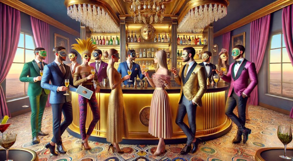 DALL·E 2025-03-09 09.57.00 - A high-resolution, hyper-realistic studio photograph capturing an __elegant yet modern Purim-themed party scene__ at a luxurious cocktail bar. The com